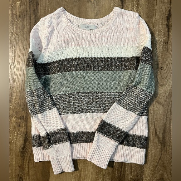 LOFT Striped Crewneck Sweater - Light Pink, Sage Green, Brown - Picture 2 of 5